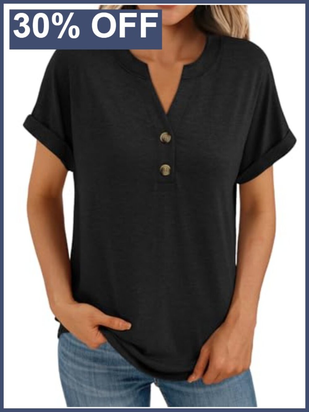 Womens Short Sleeve Henley Button Up V Neck Top Loose Fit Casual Dressy